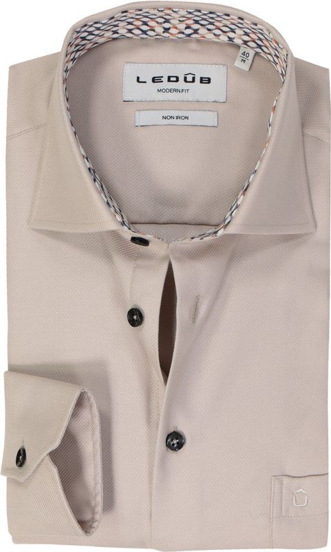 Ledub - Modern Fit Overhemd - Lichtbruin - Popeline - Strijkvrij - 100% Katoen