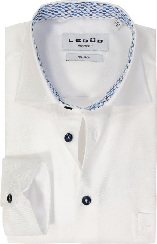 Ledub - Modern Fit Overhemd - Wit - 100% Katoen - Strijkvrij