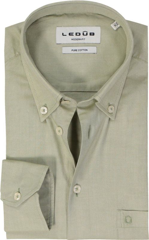 Ledub - Groen Effen Overhemd - 100% Katoen - Lange Mouwen - Button Down Kraag