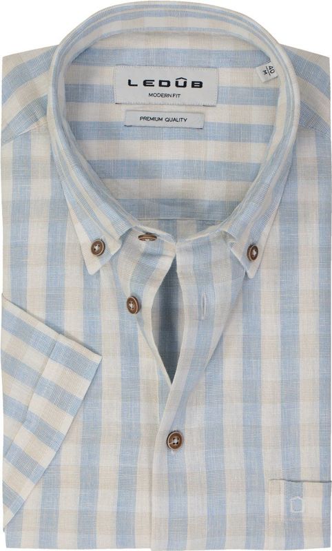 Ledub modern fit overhemd, korte mouw, popeline, lichtblauw geruit