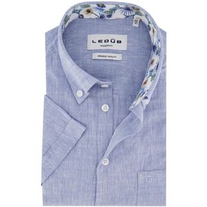 Ledub - Korte Mouw Overhemd - Gemeleerd Blauw - Katoen/Linnen
