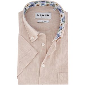 Ledub - Korte Mouw Overhemd - Lichtbruin Gemeleerd - Katoen/Linnen Mix