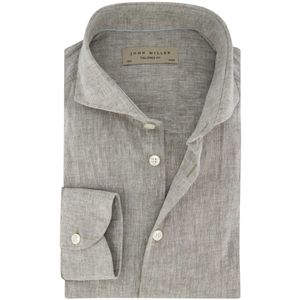 John Miller - Overhemd - Groen - Linnen/Katoen - Wide Collar