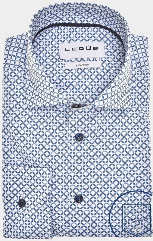 Ledub modern fit overhemd, popeline, blauw met wit dessin