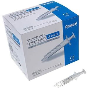 Romed 2-delige injectiespuiten 20ml luer slip 50 stuks Romed - Doorzichtig/wit - Polypropyleen (loop) & Polyethyleen (zuiger) - 2-delige injectiespuit