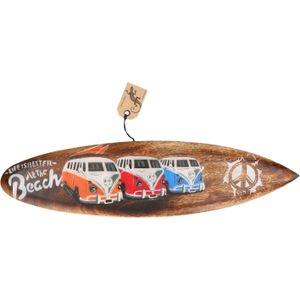 Bruine surfplank/surfboard wanddecoratie/muurdecoratie met VW busjes 40 cm - Tuindecoratie