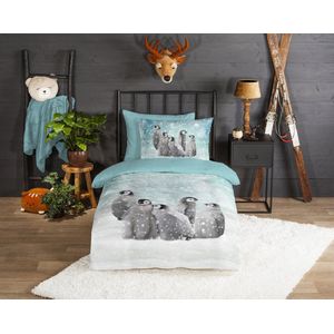 Good Morning - Pengu - Kinderdekbedovertrek - Blauw - Katoen Flanel