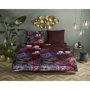 Descanso Dekbedovertrek "bloemen" - Bordeaux - (135x200 cm) - Biologisch Katoen satijn
