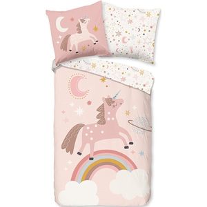 Pure Kinderdekbedovertrek ""eenhoorn, regenboog en sterren"" - Roze - (140x200/220 cm) - Microfiber