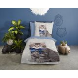 good morning Kinderbettwäsche "Mae", 100% Baumwolle, 135x200, Reißverschluss, Wende, Kind, Katze, Blau Grau
