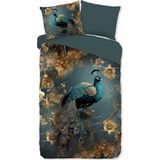 Pure Dekbedovertrek "pauw met gouden bloemen" Petrol Microfiber