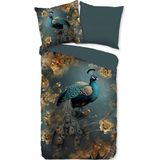 Pure Dekbedovertrek "pauw met gouden bloemen" Petrol Microfiber