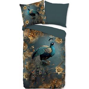 Pure Dekbedovertrek "pauw met gouden bloemen" Petrol Microfiber