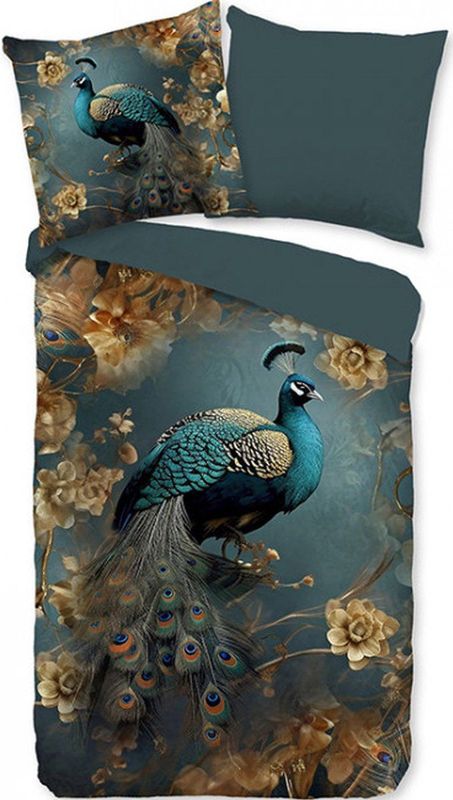 Pure Dekbedovertrek "pauw met gouden bloemen" Petrol Microfiber
