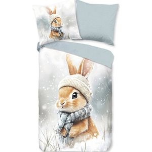 Good Morning - Konijntje - Flanel Dekbedovertrek - Grijs - 140 x 200/220 cm