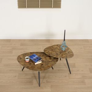 Salontafel Covas (set 2 stuks) - Gerecycled Teakhout / Metaal - Bruin / Zwart - 80x36x59 / 59x43x48 cm (BxHxD) - Organische Vorm - Mozaïek blad