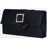 Bow envelop voor Dames / Schoudertas - Satijn met parel gesp - Donkerblauw/ Avondtasje met schouderriem/ Effen Clutch handtasjes