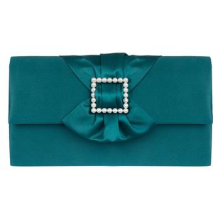Bow envelop voor Dames / Schoudertas - Satijn met parel gesp - Petrol/ Avondtasje met schouderriem/ Effen Clutch handtasjes