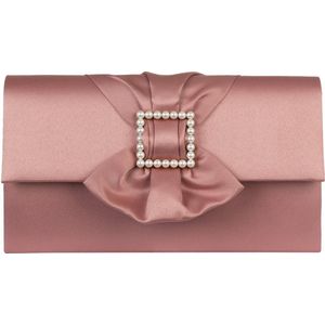 Bow envelop voor Dames / Schoudertas - Satijn met parel gesp - Oud Roze/ Avondtasje met schouderriem/ Effen Clutch handtasjes