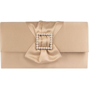 Bow envelop voor Dames / Schoudertas - Satijn met parel gesp - Goud/ Avondtasje met schouderriem/ Effen Clutch handtasjes