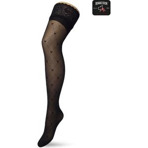 Bonnie Doon Dames Hold Up met Hartjes Print maat S/M Zwart - Brede Band met Siliconen - Little Hearts Hold Up - Zakt niet af - Bies aan Achterkant - Panty zonder Broekje - Siliconenrand - Blijven Perfect Plakken - Panty Kousen - Black - BP201705.101