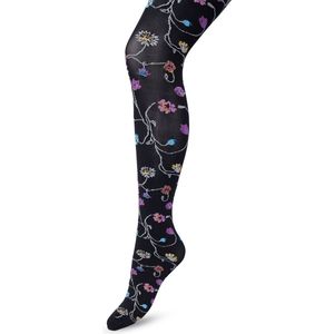 Bonnie Doon Bloemen Panty 80 Denier Zwart Dames maat S/M - Bloemen Print - Gladde Naden - Maximaal Draagcomfort - Floral Tights - Chique Panty - Feestelijk - Gebloemd - Kleurrijk - Bloemenprint - Black - BP221906.101