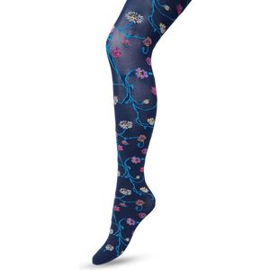 Bonnie Doon Bloemen Panty 80 Denier Donker Blauw Dames maat L/XL - Bloemen Print - Gladde Naden - Maximaal Draagcomfort - Floral Tights - Chique Panty - Feestelijk - Gebloemd - Kleurrijk - Bloemenprint - Donkerblauw - Dark Blue - BP221906.111