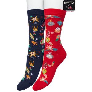 Bonnie Doon Dames Kerstsokken set 2 paar Donkerblauw/Roodmaat 39/42 - Perfect Kerst Cadeau - Giftset - Kerstcadeau - Kerst Sokken - Multipack - 2-Pack - Cadeau - Kerstmis - Comfortabel - Christmas Spirit - Dark Blue/Red- OL21151415.1 - OL21151415.506