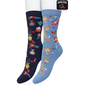 Bonnie Doon Dames Kerstsokken set 2 paar Blauw maat 39/42 - Perfect Kerst Cadeau - Giftset - Kerstcadeau - Kerst Sokken - Multipack - 2-Pack - Cadeau - Kerstmis - Kerstcadeau - Comfortabel - Christmas Spirit - Dark Blue/Coronet Blue - OL21151415.507