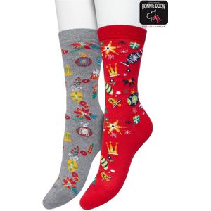 Bonnie Doon Dames Kerstsokken set 2 paar Rood/Grijs maat 39/42 - Perfect Kerst Cadeau - Giftset - Kerstcadeau - Kerst Sokken - Multipack - 2-Pack - Cadeau - Kerstmis - Kerstcadeau - Comfortabel - Christmas Spirit - Red/Grey - OL21151415.508