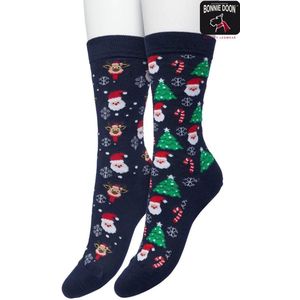 Bonnie Doon Dames Kerstsokken set 2 paar Donker Blauw maat 39/42 - Perfect Kerst Cadeau - Giftset - Kerstcadeau - Kerst Sokken - Multipack - 2-Pack - Cadeau - Kerstmis - Kerstman - Kerstcadeau - Comfortabel - Santa Socks - Dark Blue - OL21151213.111