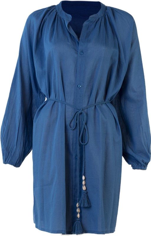 Cuhra - Overhemdjurk - Katoen - Blauw - Gevlochten Riem met Schelpdetails