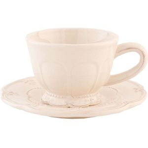 Clayre & Eef Kop en schotel 150 ml Beige Keramiek Rond Servies