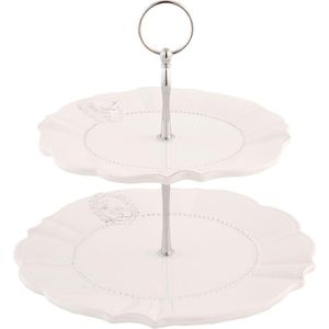 Clayre & Eef Etagère 2 laags 23 cm Beige Keramiek Rond Taartplateau