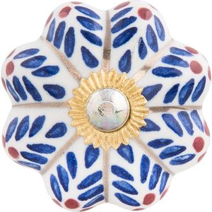 Clayre & Eef Deurknop Ø 4x3 cm Blauw Wit Keramiek Bladeren Meubelknop