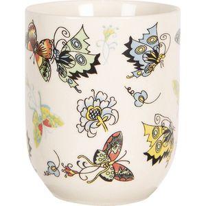 Clayre & Eef Mok 100 ml Beige Geel Porselein Rond Vlinders Theemok