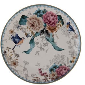 Clayre & Eef Ontbijtbord Ø 20 cm Wit Roze Porselein Rond Bloemen Bord