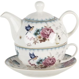 Clayre & Eef Tea for One 460 ml Wit Roze Porselein Rond Bloemen Theepot set