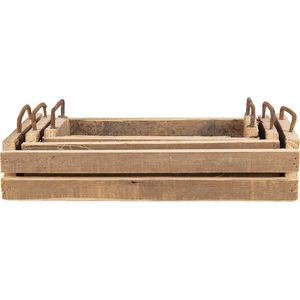 Clayre & Eef Decoratie Dienblad Set van 3 Bruin Hout Metaal Rechthoek Serveerschaal