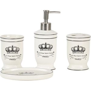 Clayre & Eef Badkamerset Set van 4 Beige Zwart Keramiek Kroon Paris Badkamer Accessoires Set