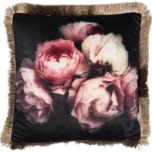 Clayre & Eef Sierkussen 45x45 cm Zwart Roze Synthetisch Vierkant Rozen Kussenhoes met Kussenvulling