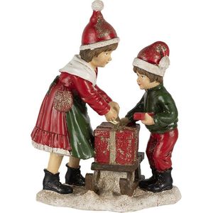 Clayre & Eef Beeld  Kinderen 15x10x20 cm Rood Groen Kunststof Kerstdecoratie beeld decoratie  Decoratieve Accessoires