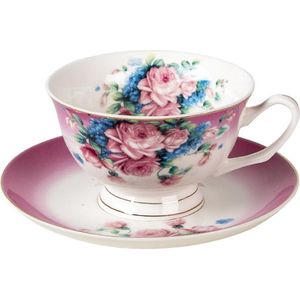 Clayre & Eef Kop en schotel 200 ml Paars Porselein Rond Bloemen Servies