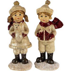 Clayre & Eef Beeld set van 2 Kinderen 4x4x11 cm Beige Rood Kunststof Decoratief Figuur Decoratieve Accessoires Kerstdecoratie voor Binnen