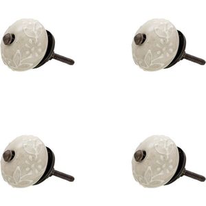 Clayre & Eef Deurknop Set van 4 Ø 4 cm Beige Keramiek Rond Bloemen Meubelknop