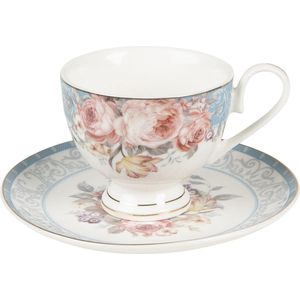 Clayre & Eef Kop en schotel 200 ml Wit Blauw Porselein Bloemen Servies