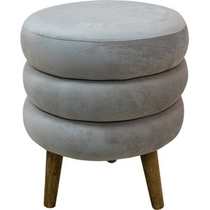 Clayre & Eef Poef Ø 38x44 cm Grijs Velours Hout Rond Hocker Grijs Hocker