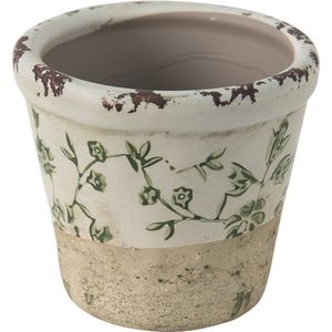 Clayre & Eef Bloempot Ø 8x7 cm Groen Wit Keramiek Rond Bladeren Bloempot binnen