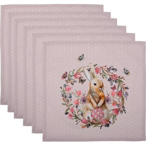 Clayre & Eef Servetten Katoen Set van 6 40x40 cm Beige Roze Katoen Vierkant Konijn Bloemen Servet Stof