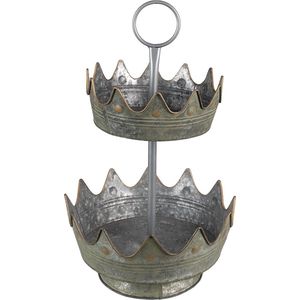 Clayre & Eef Etagère 2 laags Ø 33x53 cm Grijs Groen Metaal Fruitschaal etagère